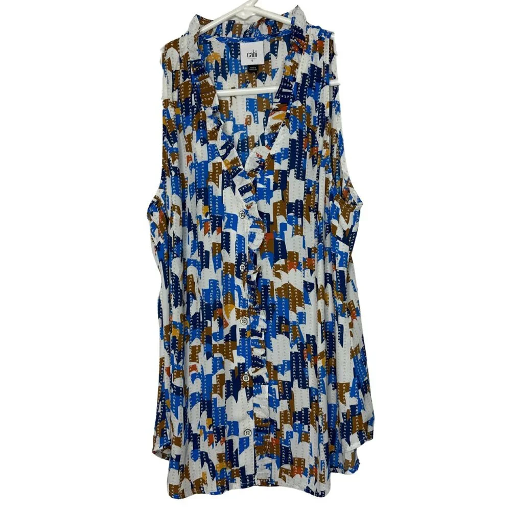 CAbi Jigsaw Top | Patterned Sleeveless Blouse | Blue, Brown, White Spring 6106 - Picture 1 of 13